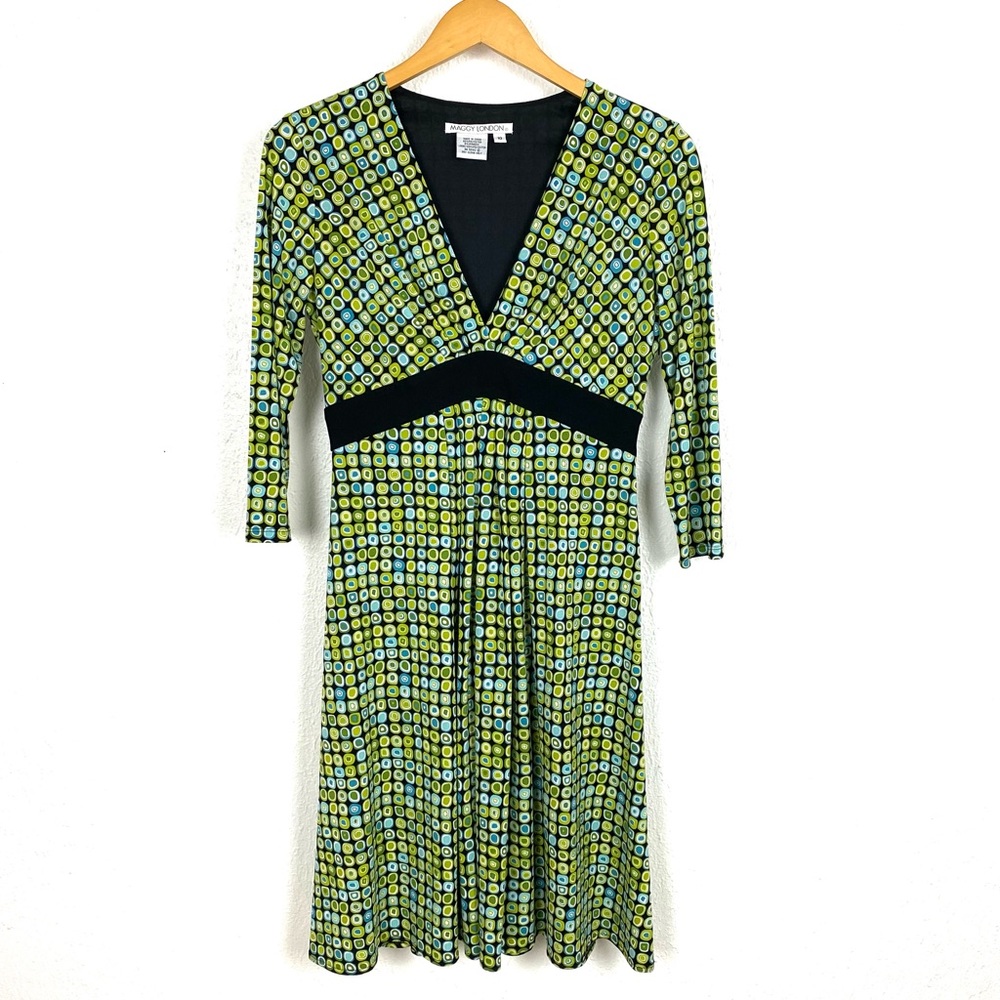 Maggy London Geometric Blue Green Square Pattern Midi Dress, Size 10